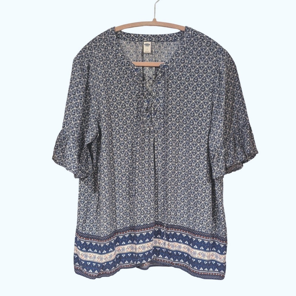 Old Navy Blue Geometric Lace Up Peasant Blouse Short Flutter Sleeve‎ Large